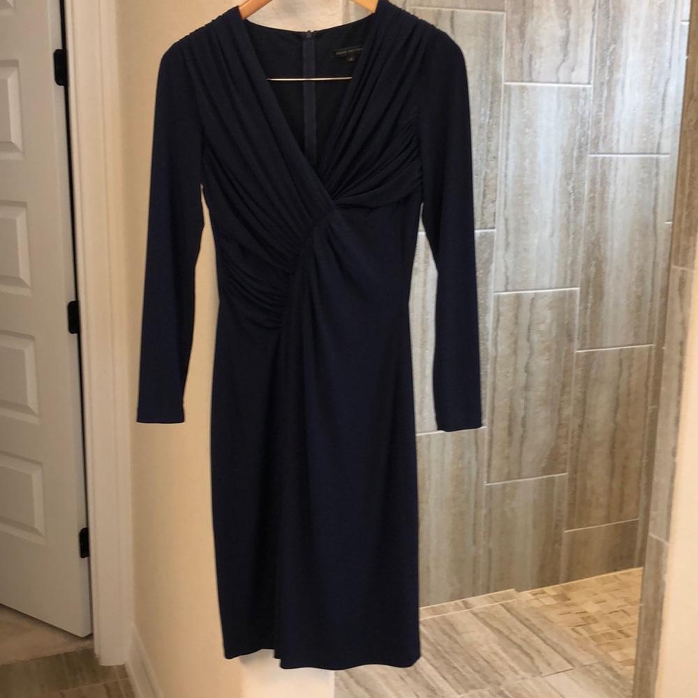 David Meister Dress Long Sleeve Ruched Pencil Blue Size 4